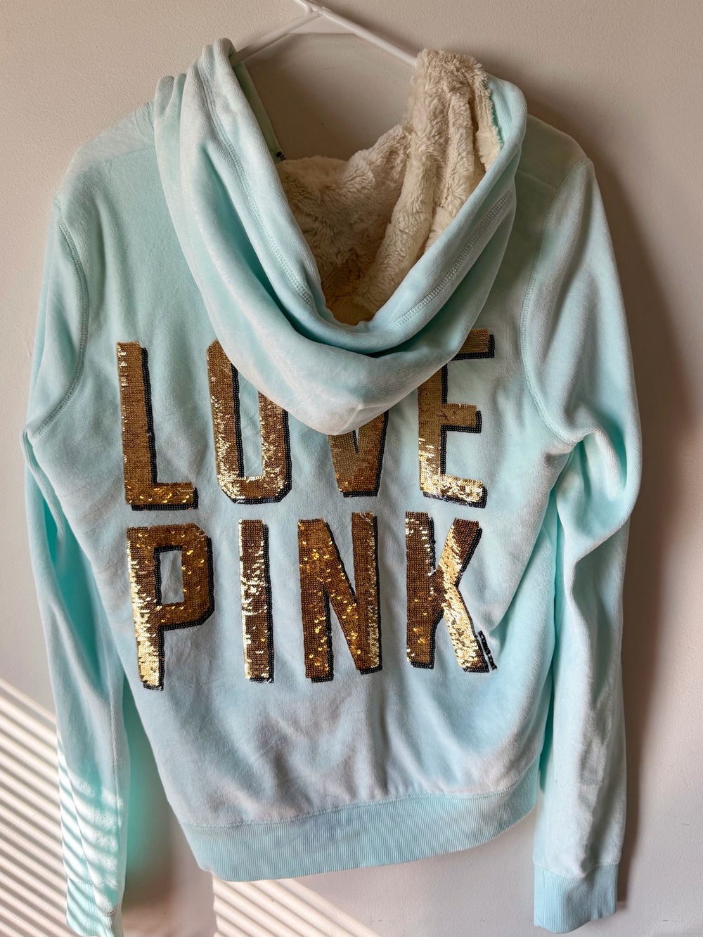 Victoria's Secret PINK Mint Velour Gold Sequin Bling Faux Fur Hoodie L